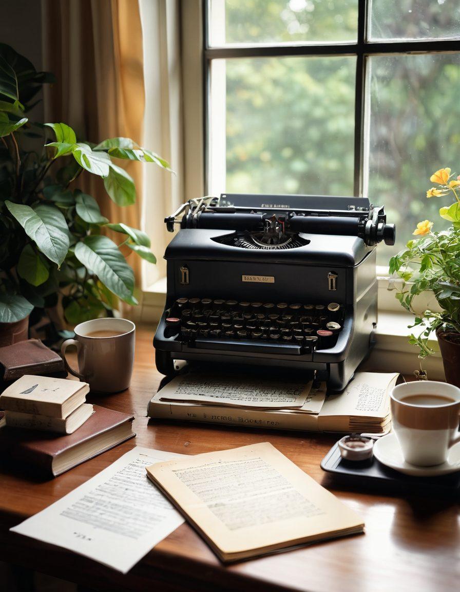 A cozy writer's desk bathed in warm light, with a vintage typewriter and a steaming cup of coffee. Surrounding it are scattered notes and books, symbolizing creativity, growth, and the journey of blogging. A window reveals a lush garden to represent inspiration. The atmosphere is inviting and artistic. super-realistic. warm colors. soft focus.