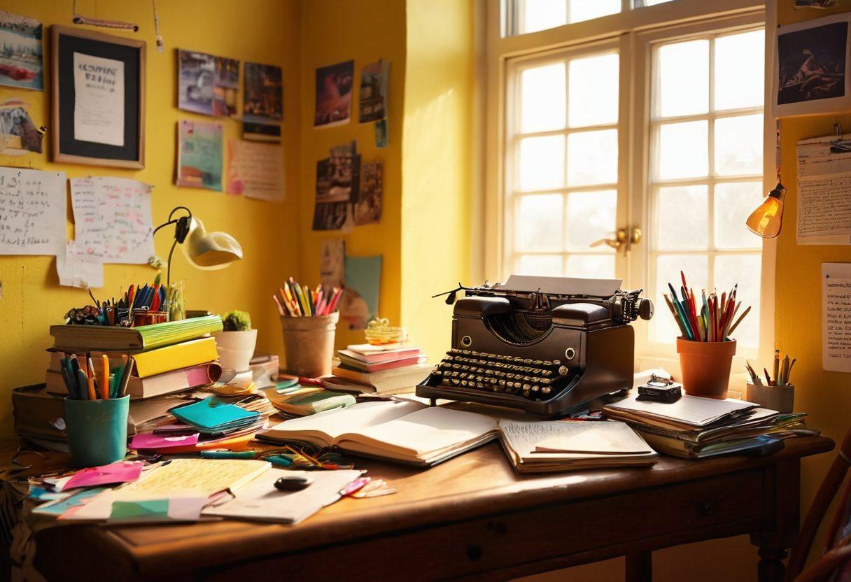 A vibrant, whimsical scene depicting a person sitting at a cluttered desk filled with colorful notebooks, pens, and a vintage typewriter, surrounded by floating ideas represented as glowing light bulbs and swirling words. Bright sunshine streams through a window onto the scene, highlighting the excitement of creative exploration. The atmosphere should be inspiring and dreamy, appealing to aspiring bloggers and writers. super-realistic. vibrant colors. soft focus.