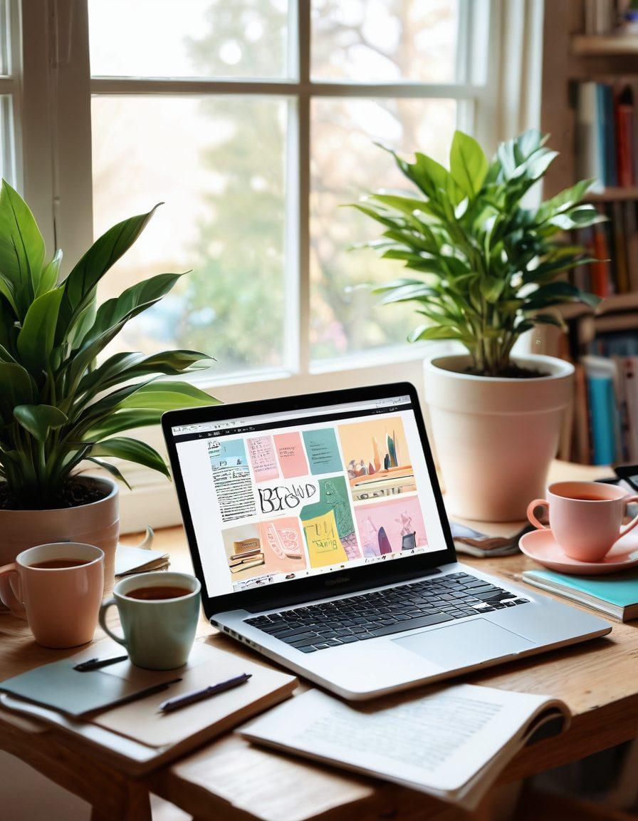 A whimsical, cozy workspace filled with colorful art supplies, a laptop displaying a vibrant blog interface, and inspiring books stacked around. A warm cup of tea and a small potted plant adds to the nurturing vibe, symbolizing creativity and growth. The scene is bathed in soft, natural light with gentle pastel colors. digital illustration. vibrant colors. warm atmosphere.